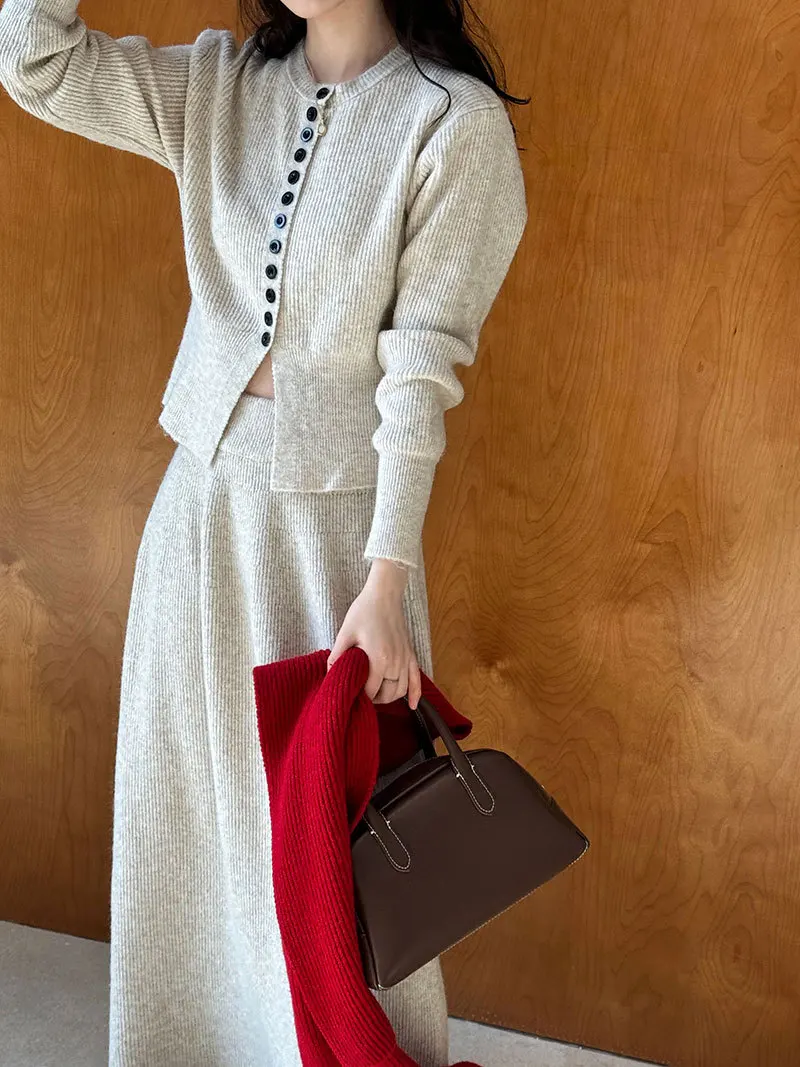 

Women Two Pieces Suits O-Neck Knitted Cardigans With A-Line Long Skirt Winter Clothes Tops Tracksuits Ladies Outfits