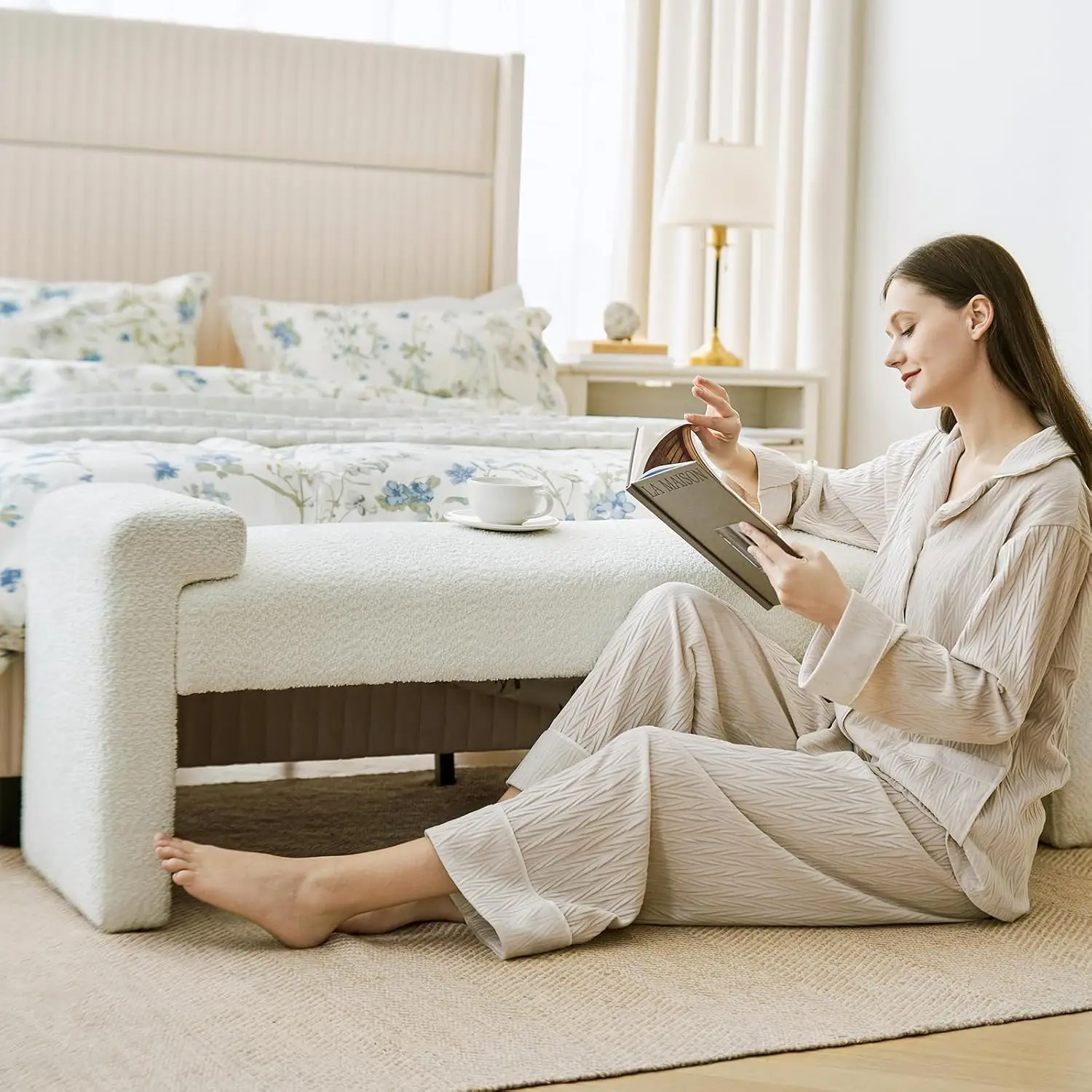 58.5' End of Bed Bench, Modern Fabric Upholstered Entryway Bench with Solid Wood Frame, Ivory