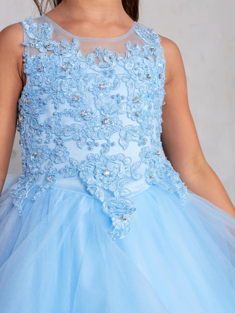 Vestidos de niña de flores azul cielo personalizados, apliques de floria escalonados sin mangas para boda, graduación, fiesta de cumpleaños, banquete, vestidos de princesa