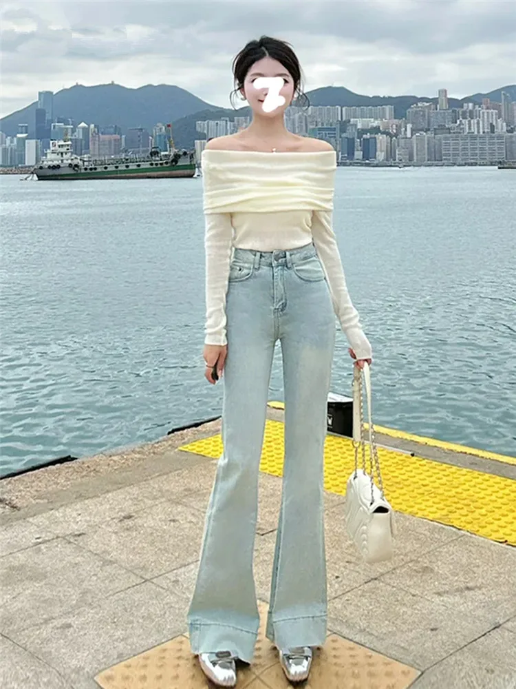 

Extended High Waist Slim Fit Micro Flare Jeans Women's Spring Autumn Light Blue Denim Pants High Elasticity Floor Length