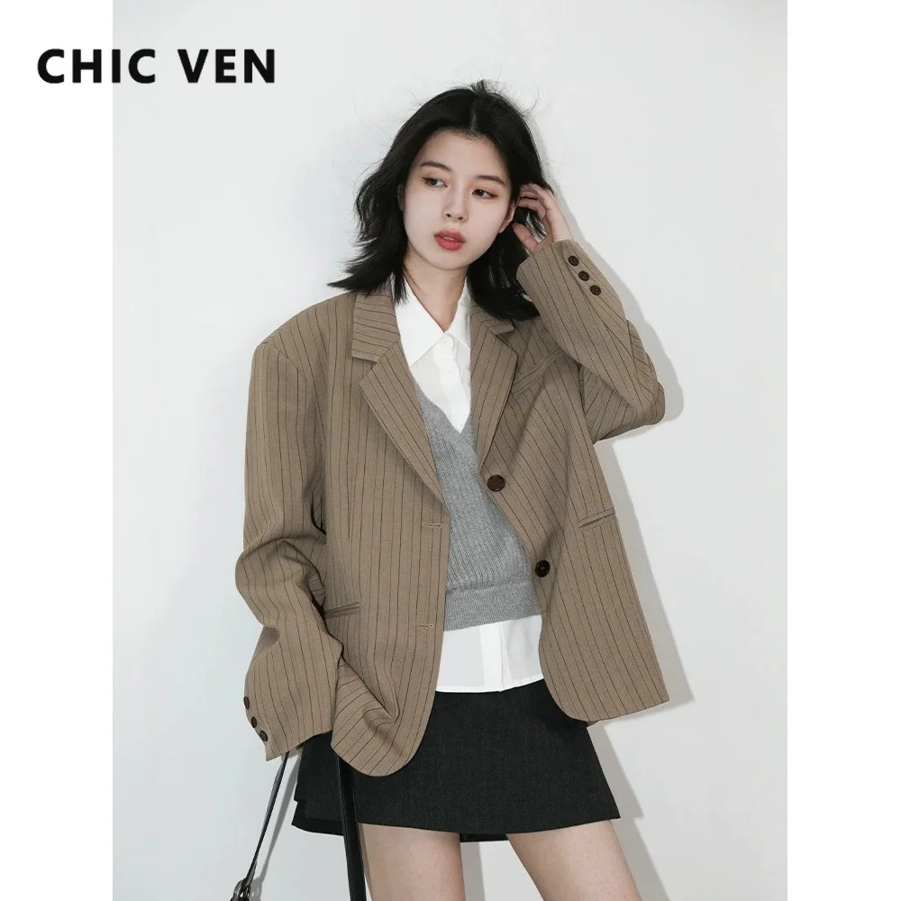CHIC VEN New Women Blazers Single-breasted Loose Casual Retro Striped Office Ladies Suit Jacket Female Coat Spring Autumn 2026