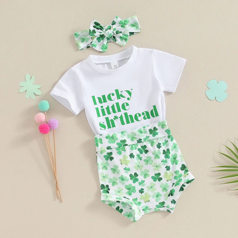 Newborn Baby Girl 3Pcs Saint Patricks Day Outfit Lucky Little Shirt Shorts Cute Headband Summer Lucky Layette Set