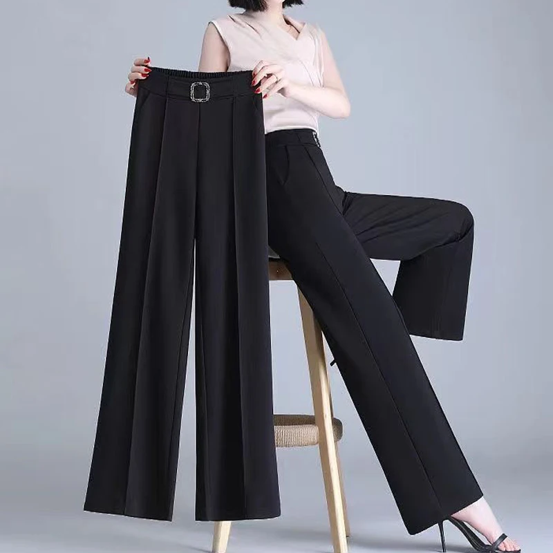 Elegant Fashion Office Lady Belt Straight Suit Trousers Women 2023 Spring Summer High Waist Pockets All Match Wide Leg Pants 4XL