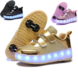 Black Gold Outdoor Sneakers Sports Roller Skating Shoes For Kids Flashing Four-wheel Boys Girls Shoes Led Light Middle Big Kids