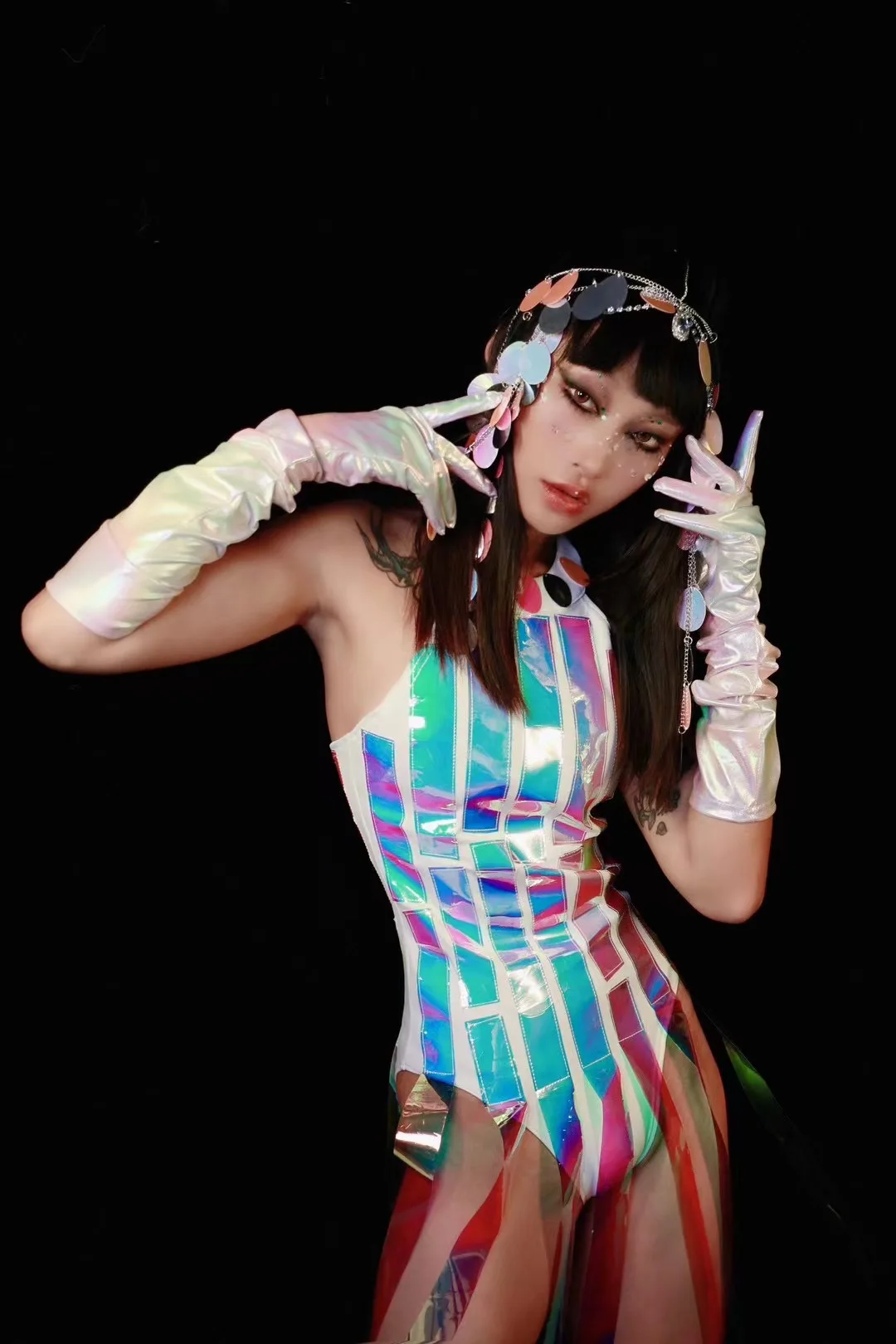 Club nocturno Bar Gogo traje de escenario de baile mono con flecos láser guantes bailarina cantante ropa de actuación Drag Queen ropa yj170