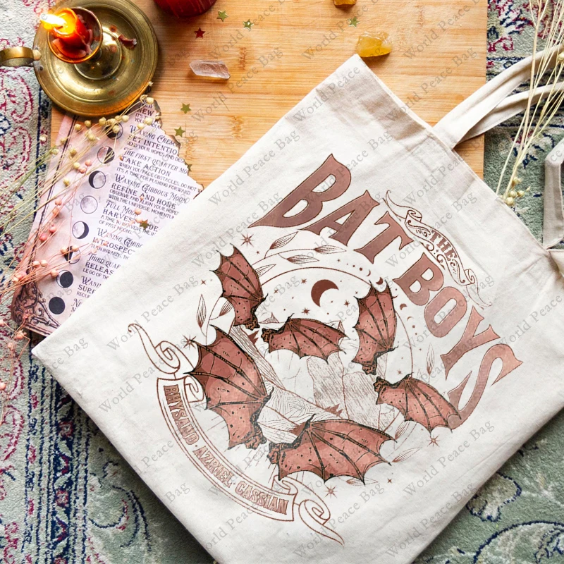 1 pc The Bat Boys Vintage Acotar Bookish pattern Women\'s Reusable Shopping Bag, Best Gift For her, Trendy Folding Shoulder Bag
