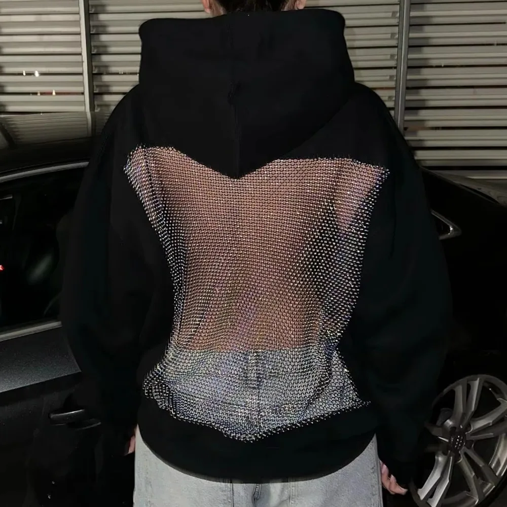 

Polyester Sexy Hollow Mesh Hoodie Hipster Clothes Sexy Translucent Translucent Pullover Sweatshirt Gothic Long Sleeves Jacket