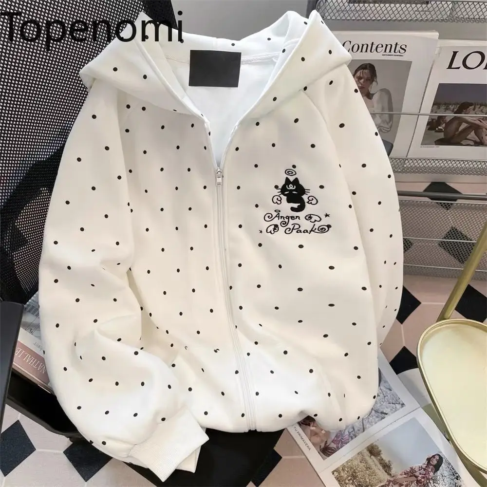 

Женская толстовка Topenomi с вышивкой в горошек, новинка 2026 года, свободный повседневный кардиган на молнии, японский милый свитшот в стиле Y2K
