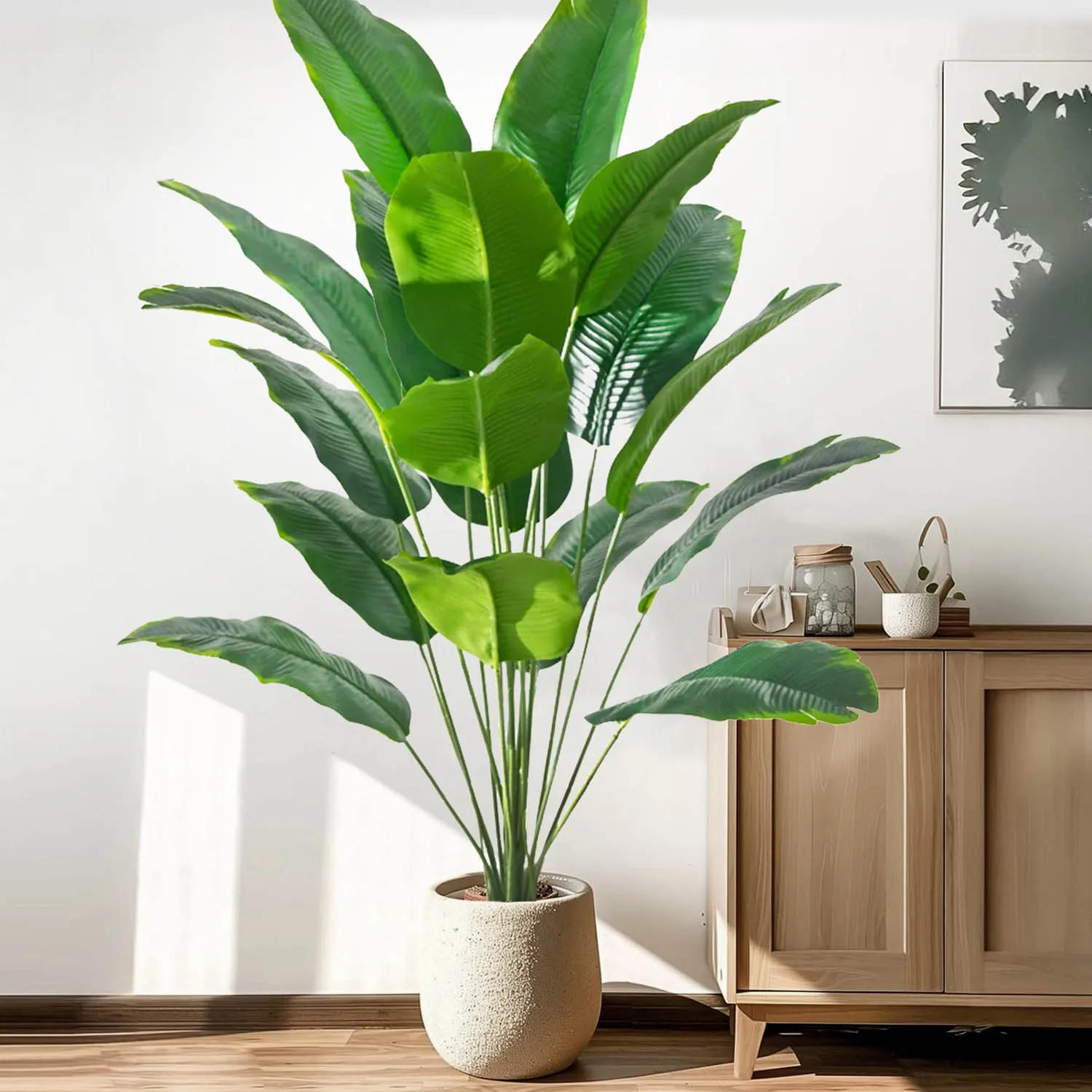 120cm（47.2in) Artificial Tropical Palm Tree Fake Banana Plant Leaves Real Touch Strelitzia Plastic Plant for Home Garden