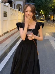 Black Square Collar Midi Dresses for Women Mori Girl Style Minimalist Chic Summer Fashion Flying Sleeve Temperament College Ins