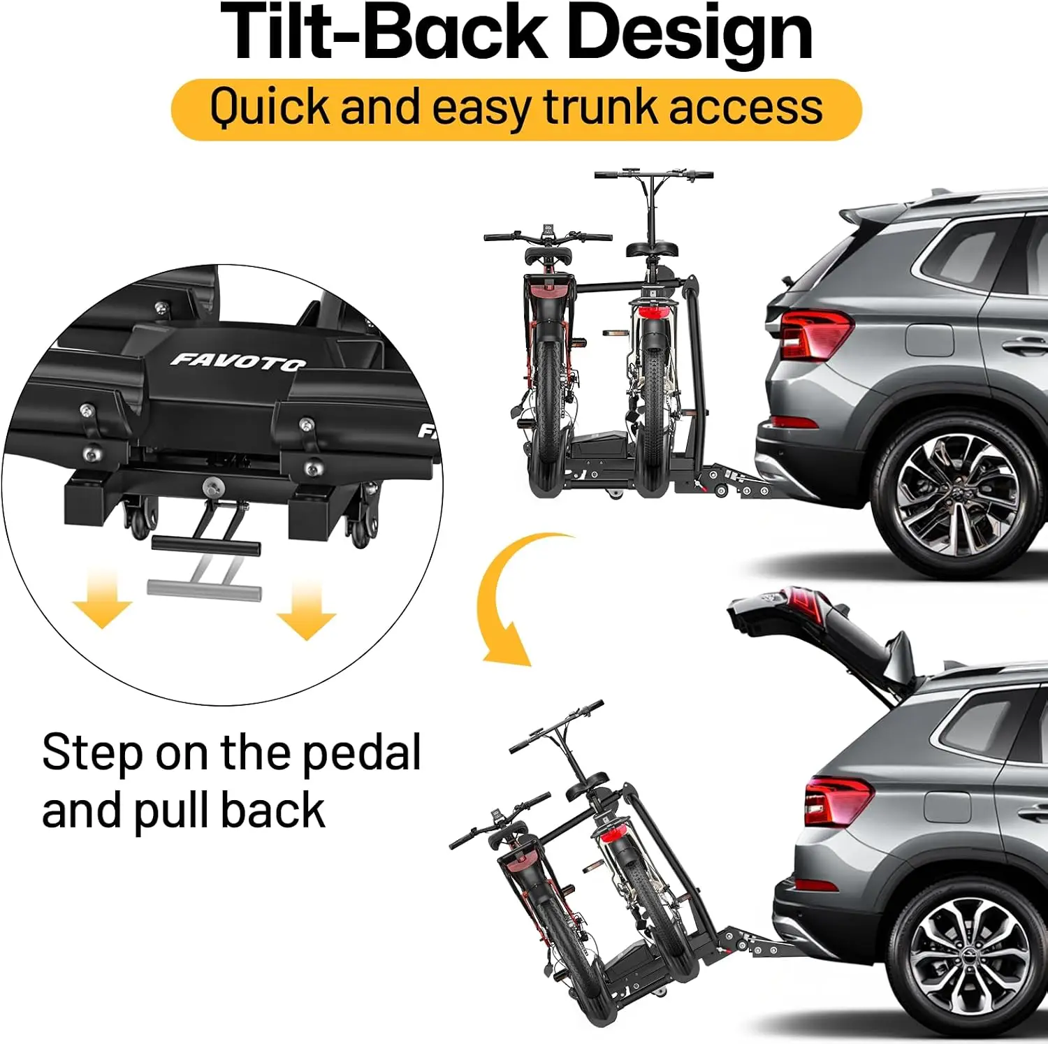 Bike Rack for Car with Ramp, 2-Bike Hitch Mount for E-Bikes, Foldable & Tilt-Back Design, 200 lbs Capacity, Fits 2