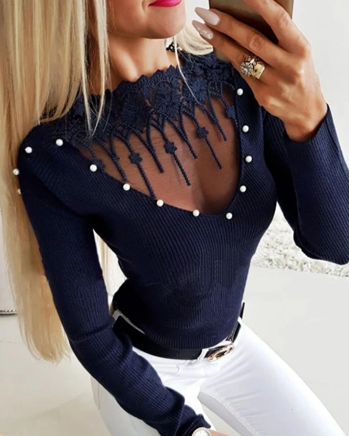 

Women's Autumn Winter Lace Sexy Pullover Women's Sweater Trend 2025 Beaded Decor Slim Fit Long Sleeve Top