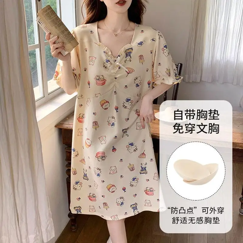 

Сексуальная хлопковая футболка Sanrio Girl, юбка для сна, летняя юбка Kawaii Hello Kitty в стиле аниме, модная юбка с подушкой на груди, одежда для отдыха, новинка