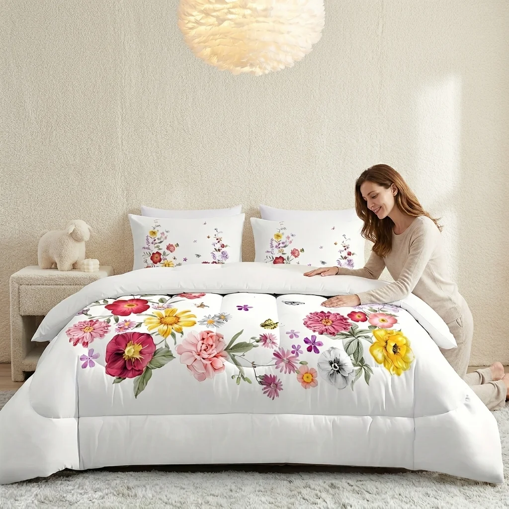 Vibrant Colorful Floral Printed Comforter, Soft Microfiber Quilted Duvet Insert, All‑Season Lightweight Bedding Comforter for Home Bedroom, Pillowcases Not Included