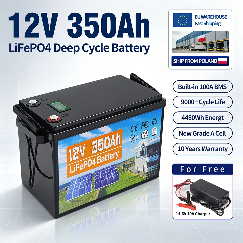 Polen-Lager 12V 350AH LiFePO4-Batterie 9000 Zyklen Lithium-Eisenphosphat-Zellenpaket mit integriertem 4S 100A BMS für Camping, Wohnmobil, Boot, Wagen, Heimenergiespeicher