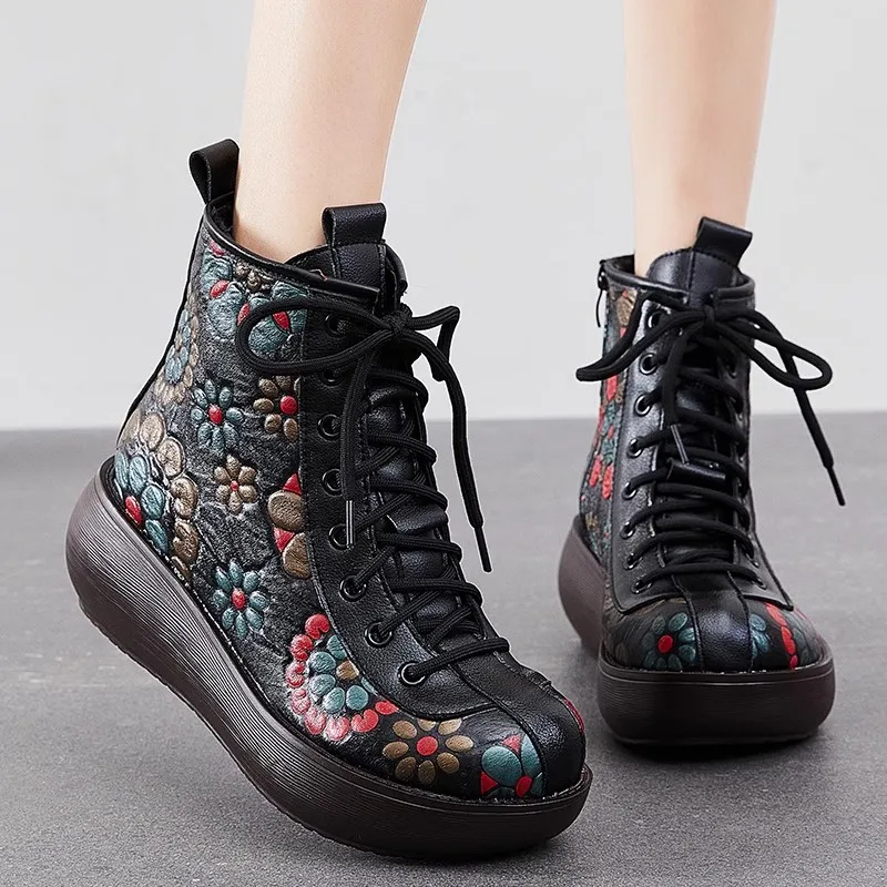 GKTINOO Genuine Leather Women Boots Retro Shoes 2024 New Autumn Winter Print Round Toe Lace-up Handmade Concise Platform Boots