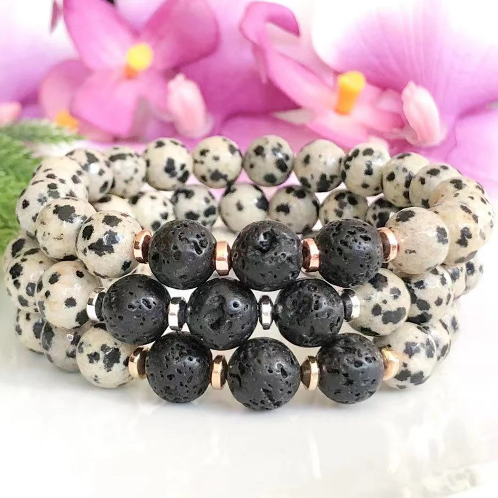 MG1559 Dalmatian Jasper Lava Bead Bracelet Trendy Women`s Essential Oil Diffuser Bracelet Healing Crystals Gemstone Mala