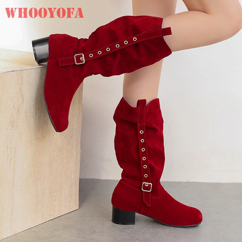 

2025 Новые зимние модные красные, черные женские ботинки до середины икры, женская обувь на среднем каблуке 4,5 см, маленький большой размер 12, 30, 44 48 50