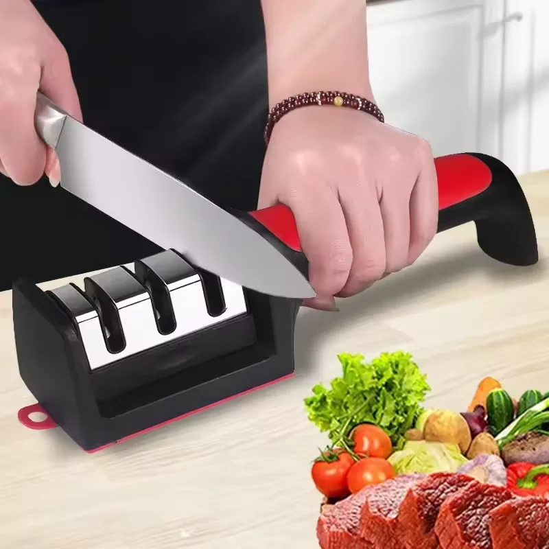 Afilador de Cuchillos Portátil para Cuchillos de Cocina, Piedra de Afilar Manual de Acero Inoxidable de Tres Usos para Utensilios de Cocina