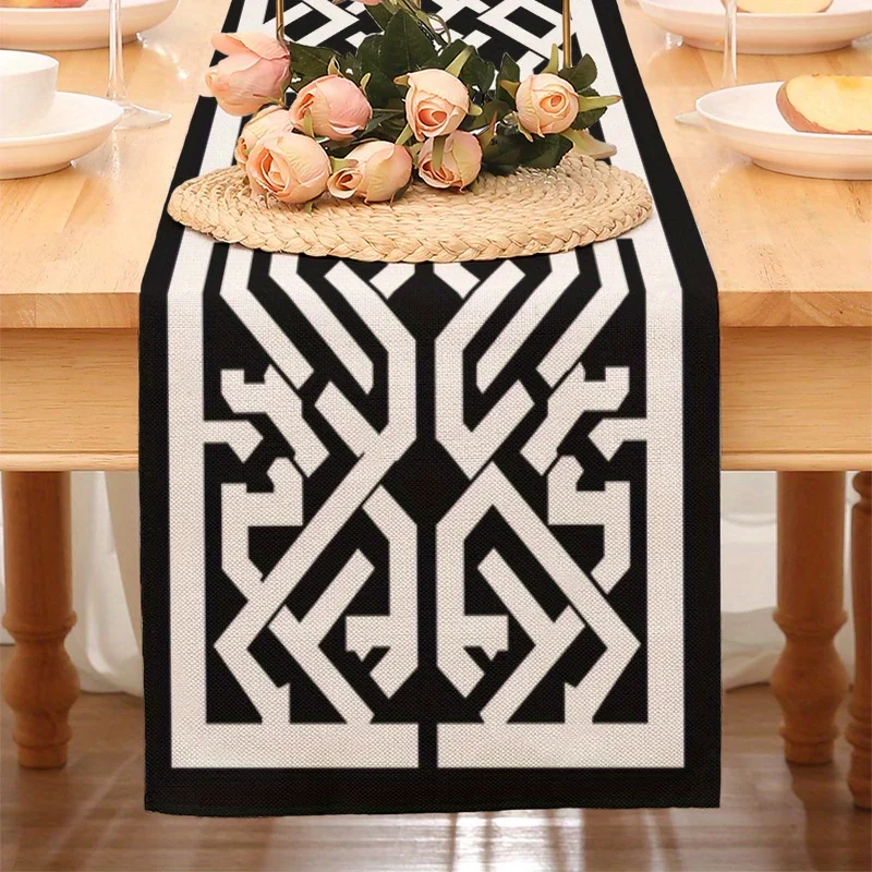 VIKAMA Black and White Geometric Arabic Calligraphy Table Runner Modern Muslim Home Activities Party Table Decoration