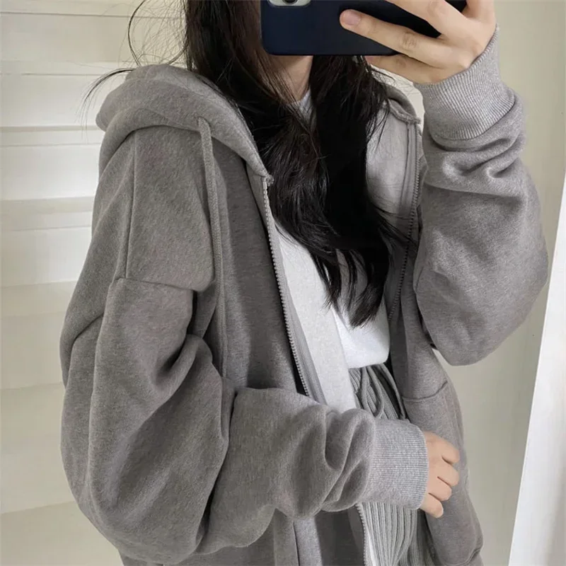 Women Harajuku Solid Color Hoodies Autumn Casual  Zipper Pocket Hooded Jacket Long Sleeve Sweatshirts Coat Female Korean Version