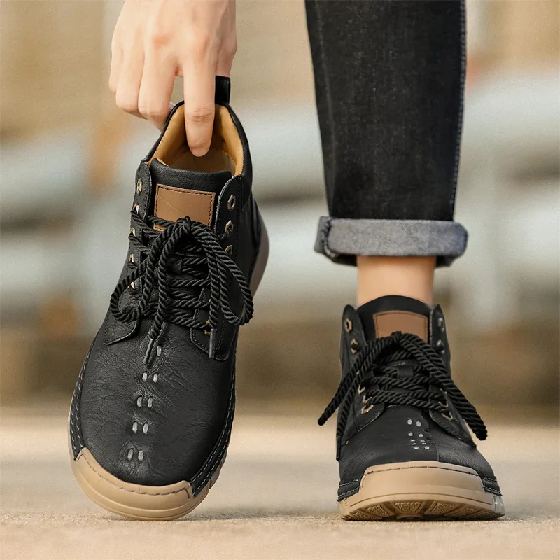 

Модные мотоциклетные ботинки на шнуровке, нескользящие мужские зимние плюшевые зимние ботинки, Новое поступление, мужская обувь с высоким берцем, уличные кожаные ботильоны