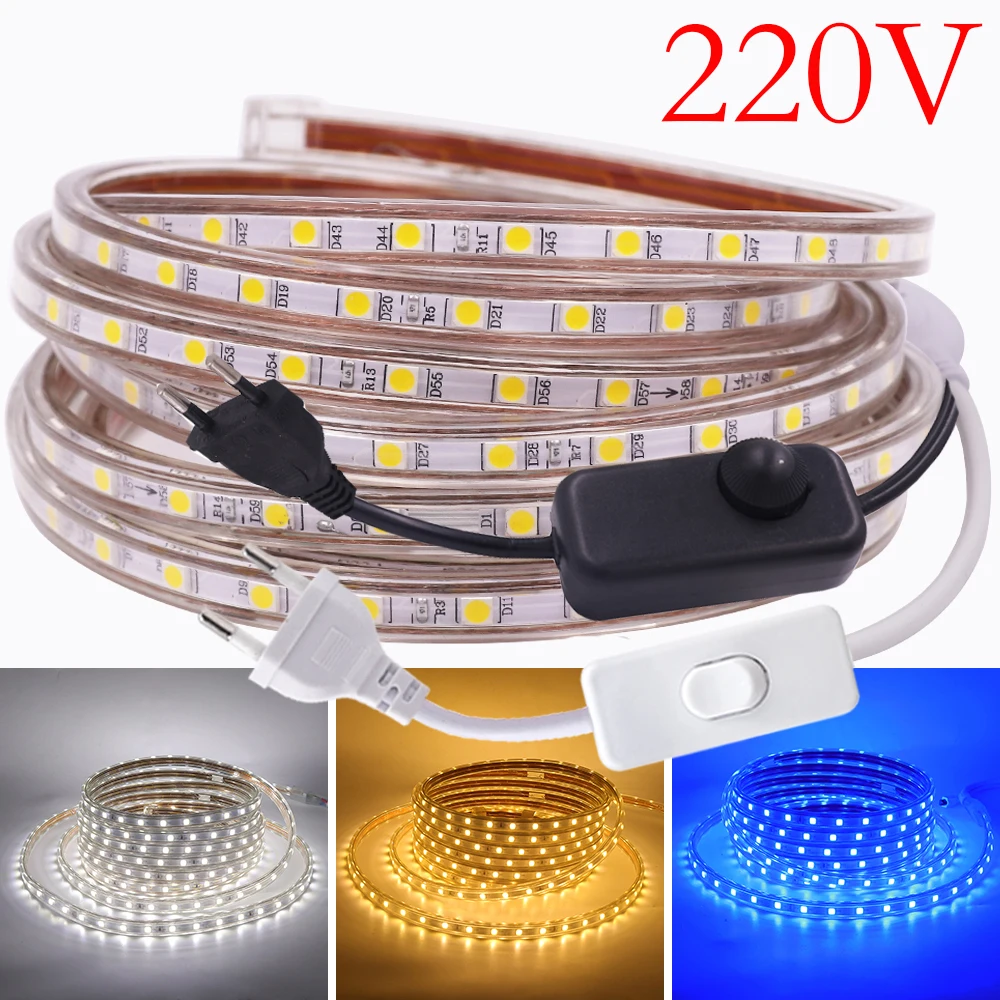 Switch ON/OFF AC 220V LED Strip Light Dimmable 5050 60LED/M Red Green Blue Warm White Room Lighting Waterproof EU Plug Flex Lamp