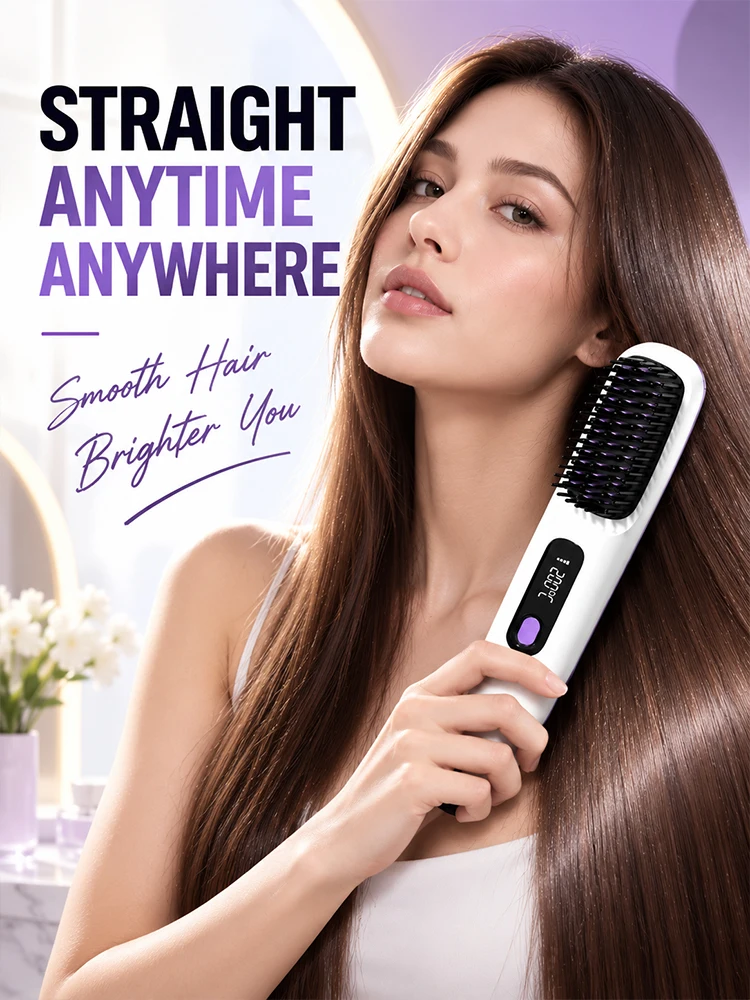 電動ヘアストレートニングブラシ-コードレス充電式ヘアストレートナーコーム-4段階温度設定-デジタルディスプレイ-ポータブル-s