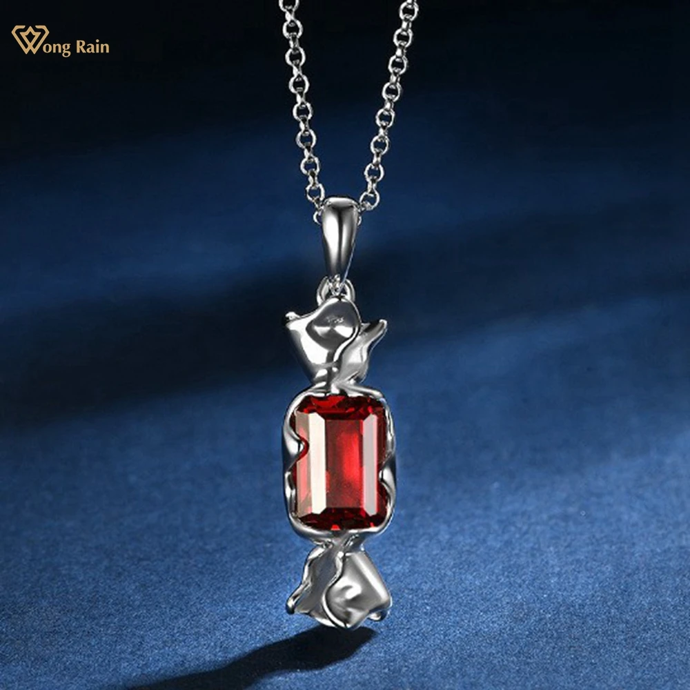 Wong Rain Vintage 100% 925 Sterling Silver Emmerald Cut 6*9 MM Ruby Solitaire Gemstone Pendant Fine Jewelry Anniversary Gifts