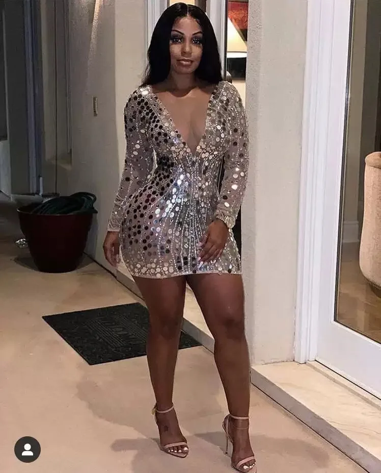 

Evening Party Performance Costume Nightclub Singer Dancer Stage Wear Luxury Mirror Sequins Sexy See-Through Sheath Dress
