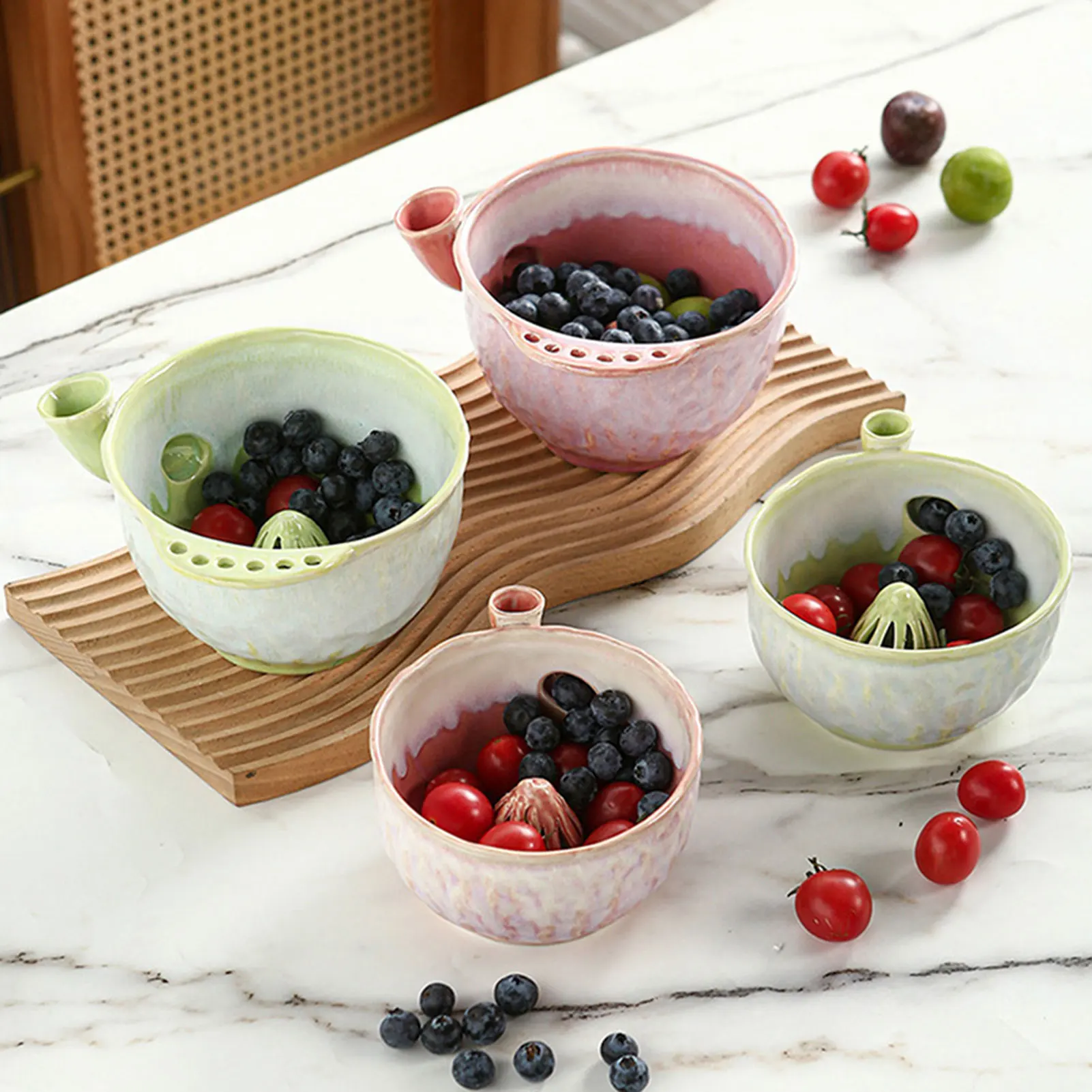 Fruit Rinse Bowl Self Spinnings Berry Ceramic Bowl With Drain Holes Multipurpose Frcuit Vegetable Washing Bowl For Kitchen Use