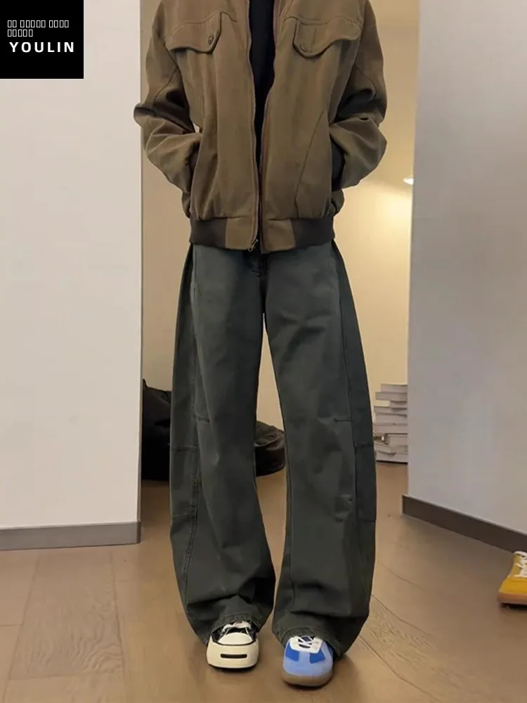 

Military een Workwear Pants Men's American Retro Loose Wide Leg Jeans Tall Size Extended Straight Cut Cotton Denim Trousers