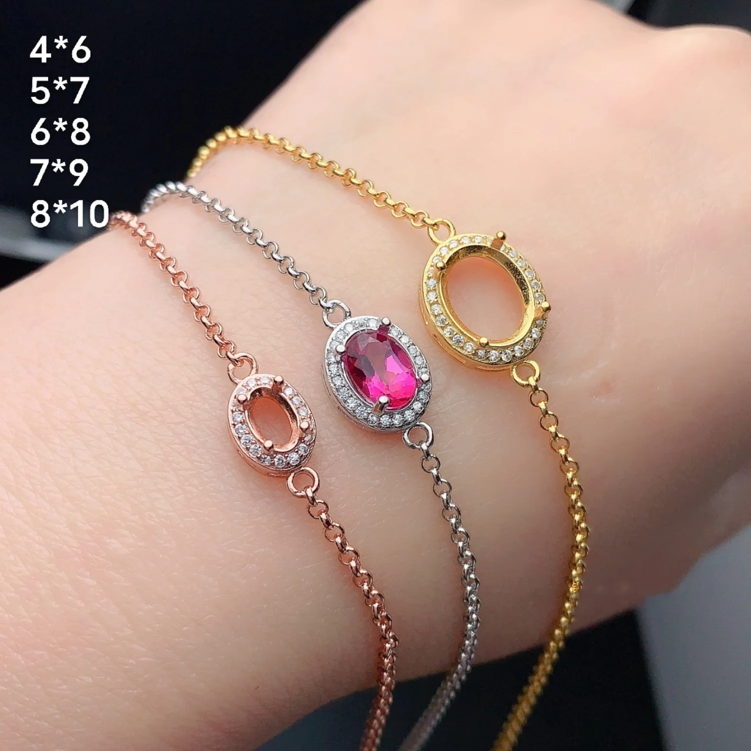 

S925 Sterling Silver Inlay Multiple Sizes Elliptic Gem Bracelet Women Empty Support DIY Fashionable Versatile Jewelry Accessory