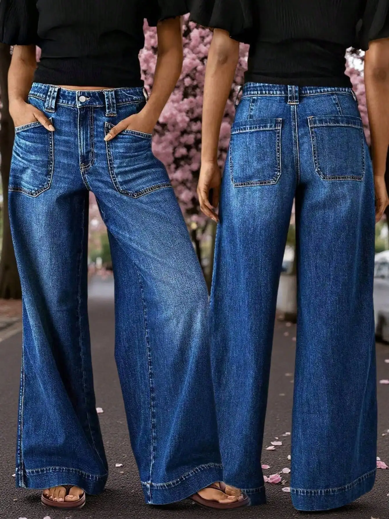 

Женские джинсы с высокой талией, широкими штанинами, передними карманами и застежкой на пуговицы