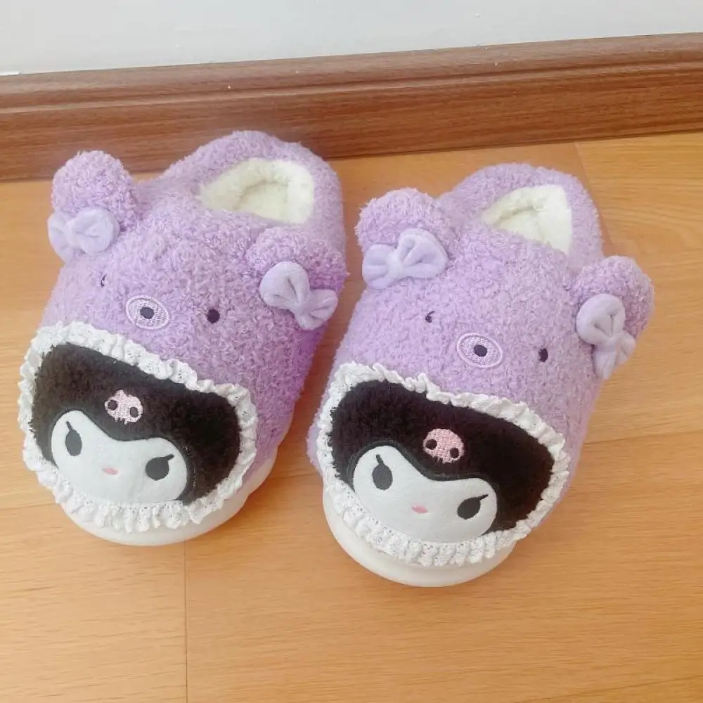 

Милые женские плюшевые тапочки Kuromi, милые домашние нескользящие хлопковые тапочки Hello Kitty, теплая обувь Kawaii для девочек Cinnamoroll, подарок