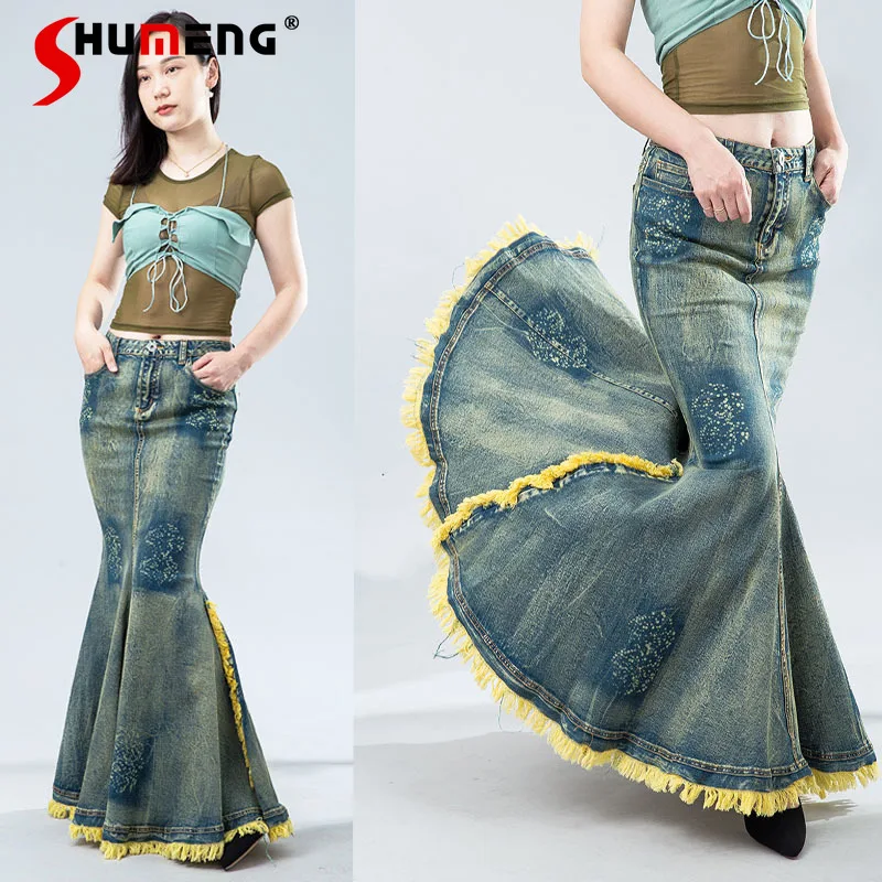 Fashion Tie-Dyed Sheath Skirts Trendy Feminine Slim Fit Slimming Denim Long Skirts Tassel Special Large Swing Fishtail Skirt