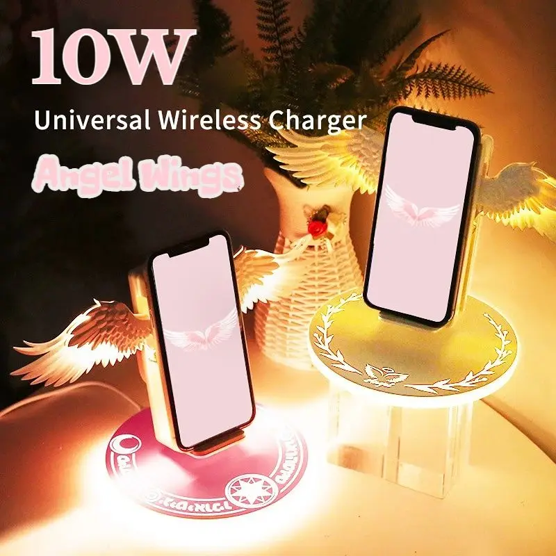 通気性と音楽機能を備えたクリエイティブな天使の漫画,ワイヤレス充電器,10W,無料のモバイルウィングの形