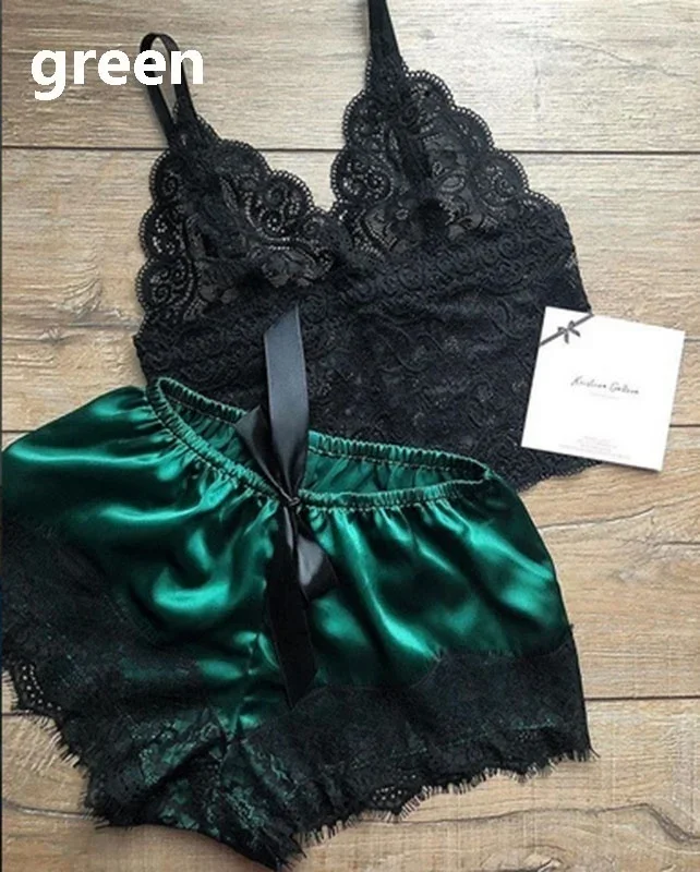 2026 New Women Sexy Pajama Sets Lace Sleeveless Strap Cami Top Satin Shorts Sleepwear Set Pijama Silk Pajamas Dropshipping