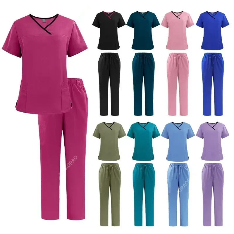 Wholesale Casual Short Sleeve V-neck Straight Sets Pharmacy Work Clothes Medical Nurse Uniform Scrubs Women Set Nursing Uniforms