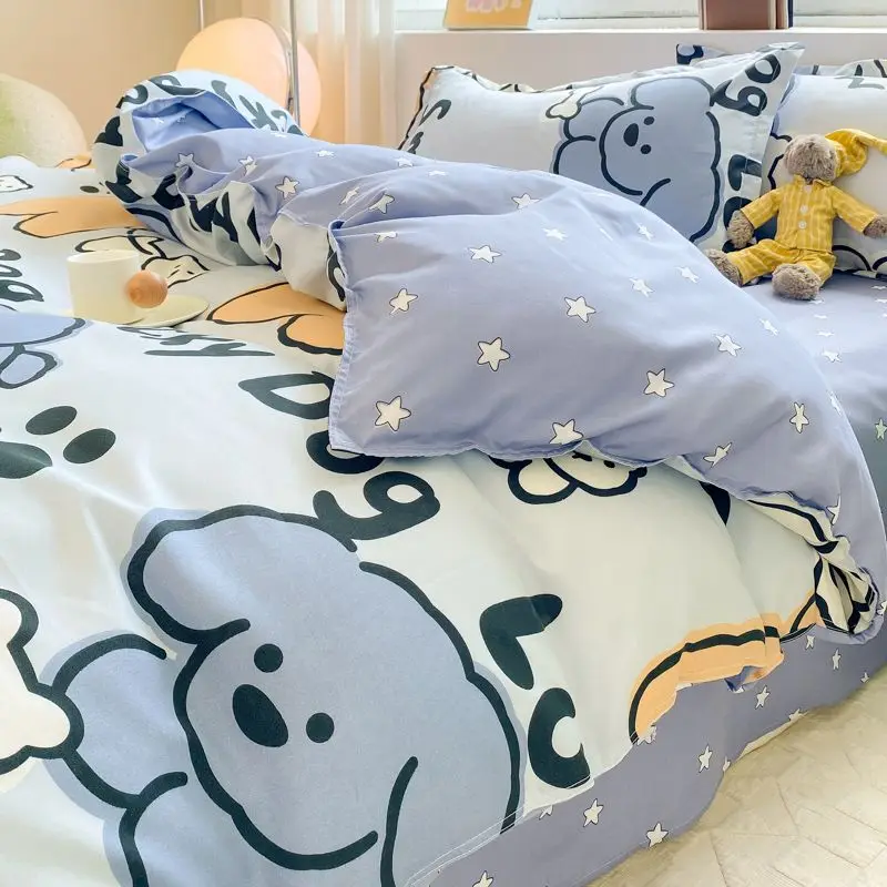 Cute Dog Bedding Set New Design Girls Ins Duvet Cover with Zipper No Filler Flat Sheet Pillowcase Queen Size Bed Linens