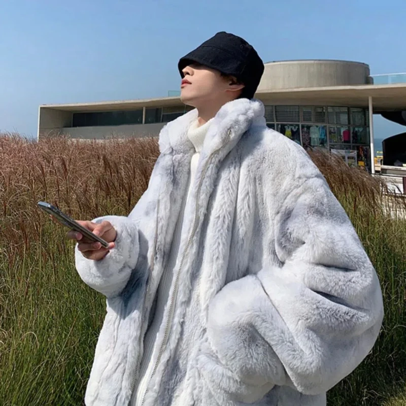 Autumn Winter New Long Sleeve Stand Collar Solid Lamb Wool Trench Men's Clothing Korean Zipper Warm All-match Trend Top JJ825