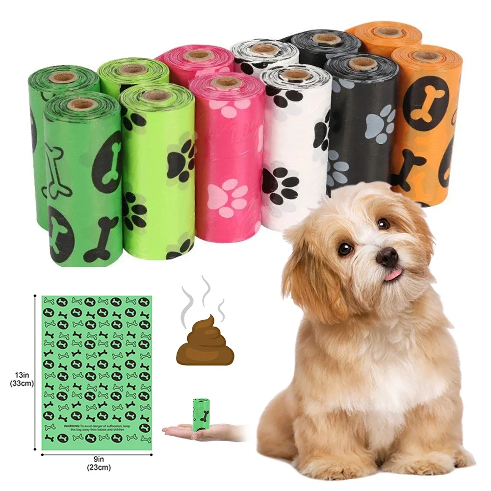 15 uds/rollo de bolsas de caca de perros degradables, dispensador de bolsas de basura, bolsa de basura para cachorros y gatos, bolsa para excrementos, suministros para mascotas limpias al aire libre