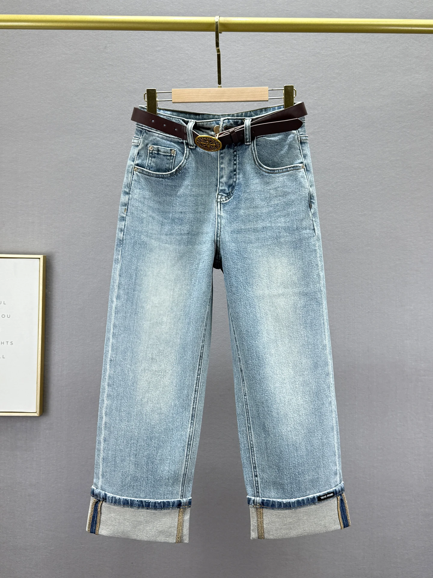 

Женские джинсы с высокой талией, прямые, из денима, весна 2026, новые, эластичные, свободные, стройнящие, винтажные, выцветшие, светло-голубые, длинные брюки