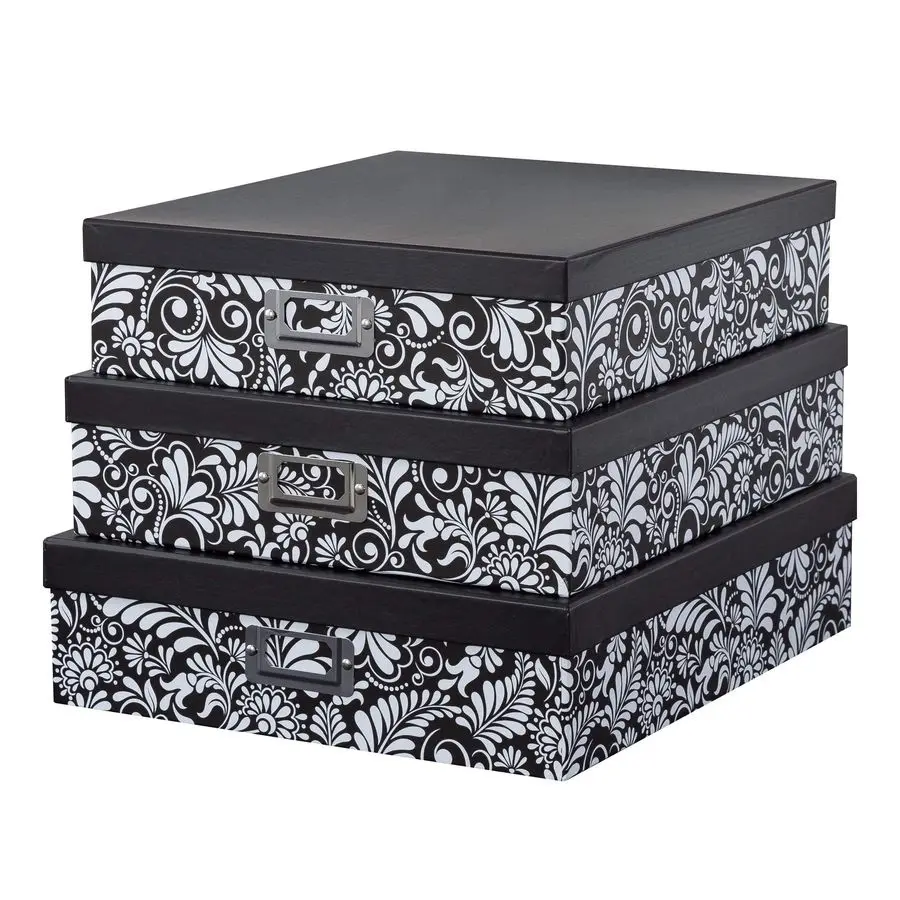 

Modern Botanical Decorative Cardboard Boxes with Lids, Set of 3 Black and White Floral Letter Storage for Documents, Memory Boxe