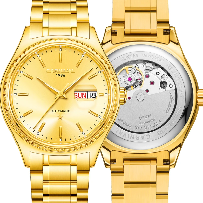 CARNIVAL Full Gold Automatic Watch Men Week Date Stainless Steel Bracelet MIYOTA Movement Luxury Business Male Wrist Watch