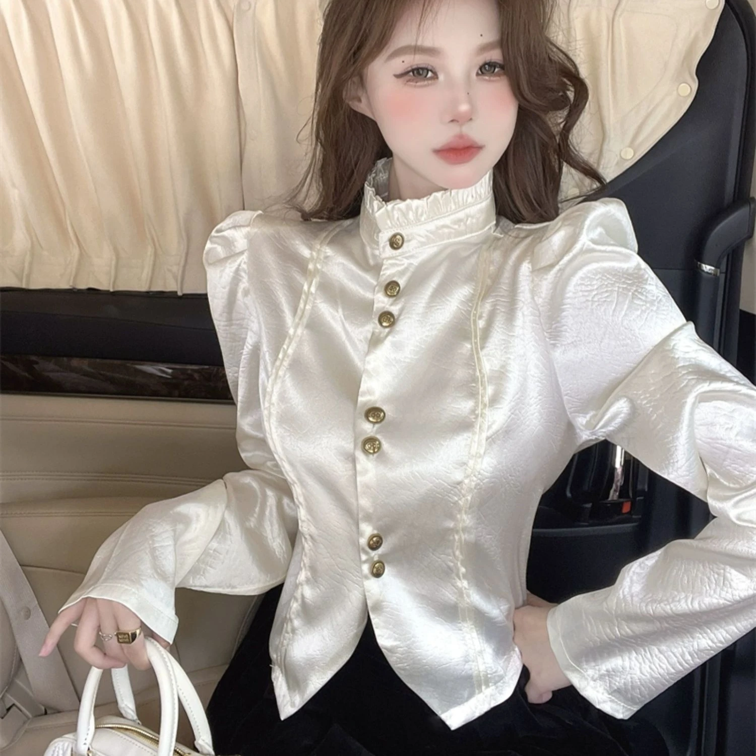 Long Puff Sleeve Casual Shirts Women Single Breasted Baggy Tops Popular Stand Collar Korean Style Shirring Spring Autumn Fashion