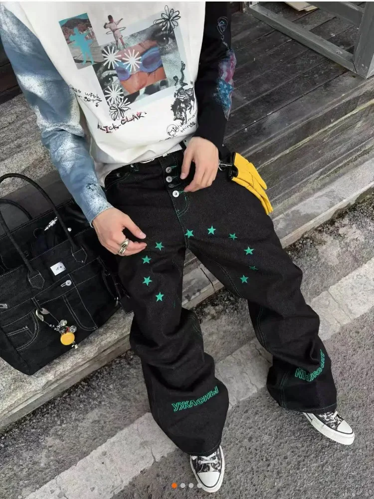 Women's Green Star Pattern Unisex Jeans Vintage High Waist Sweatpants 90s Cool Girl Bottoms Summer Pants Female Baggy Trousers