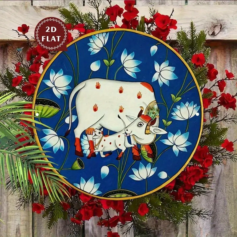 2D Flat – 1 Stück Vintage-Wandkunstschild aus Aluminium und Metall – für Lotus- und Kuh-Blumenmuster, wasserdicht und staubdicht, rund, dekorativ