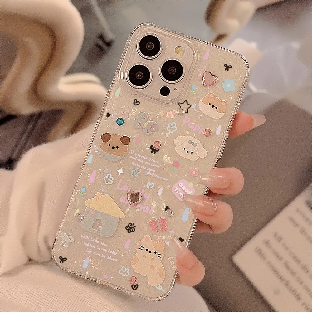 Cute Cartoon Puppy Shell Pattern Phone Case For iPhone 11 12 13 14 15 16 Pro Max XR X XS 7 8 3D Diamond Clear Shockproof Cover