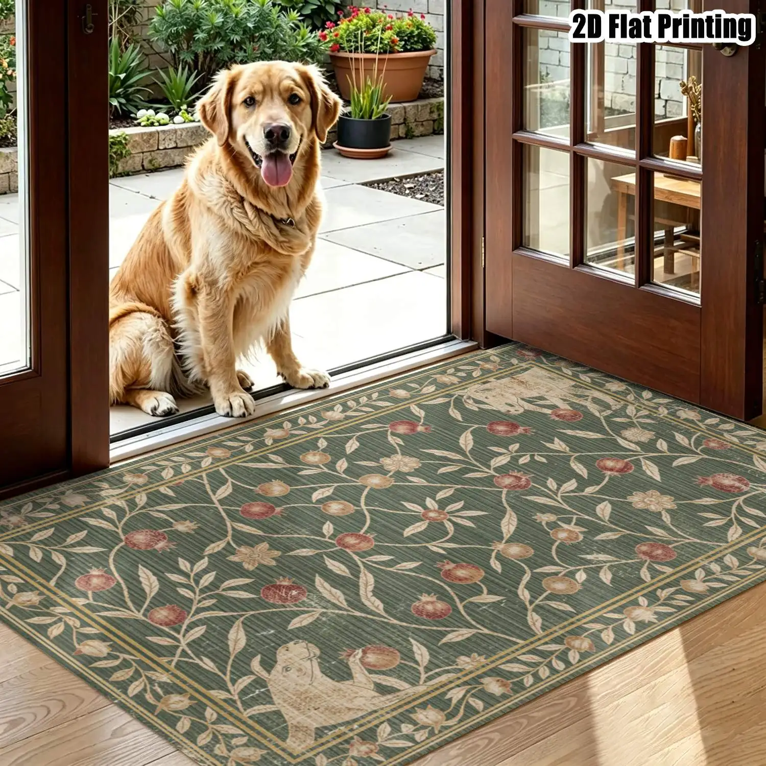 1Pc 2D Printed Carpet: Dark Green Pomegranate Flower Branch, Retro/Nordic/Instagram Style, Home Decor, Multi-Size, Machine Washable, Multi-Scene Use
